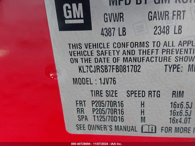 KL7CJRSB7FB081702 Chevrolet Trax Lt