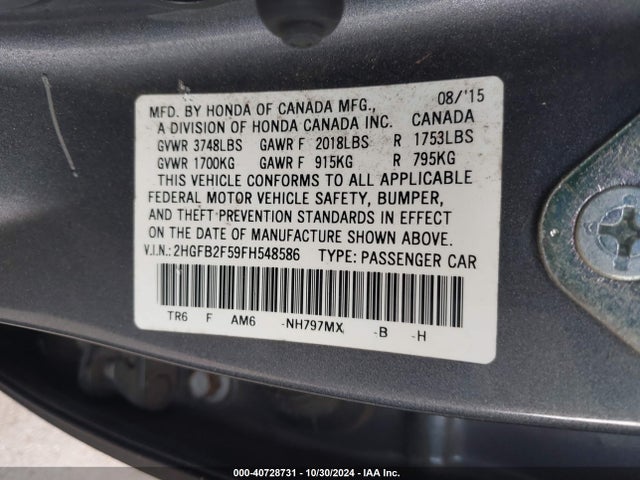Honda Civic Lx 2015 2HGFB2F59FH548586 Image 9