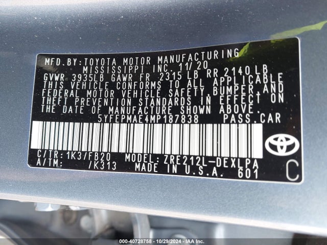 Toyota COROLLA LE 2021 5YFEPMAE4MP187838 Image 9
