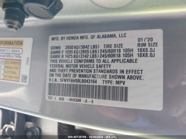 5FNYF6H59LB043164 Honda Pilot Awd Ex-l