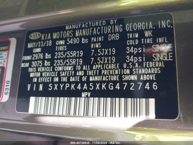 5XYPK4A5XKG472746 KIA Sorento 3.3l Sx