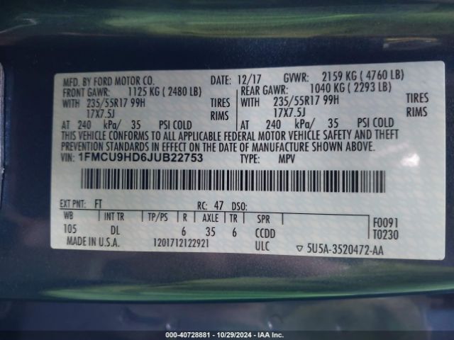 1FMCU9HD6JUB22753 Ford ESCAPE SEL