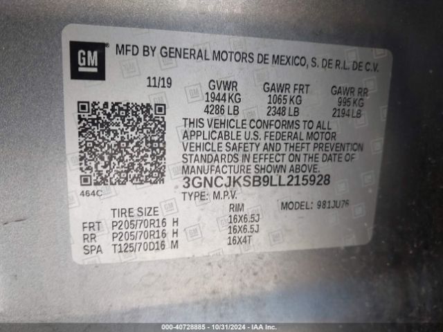 3GNCJKSB9LL215928 Chevrolet Trax Fwd Ls