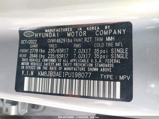 KM8JB3AE1PU198077 Hyundai TUCSON SEL