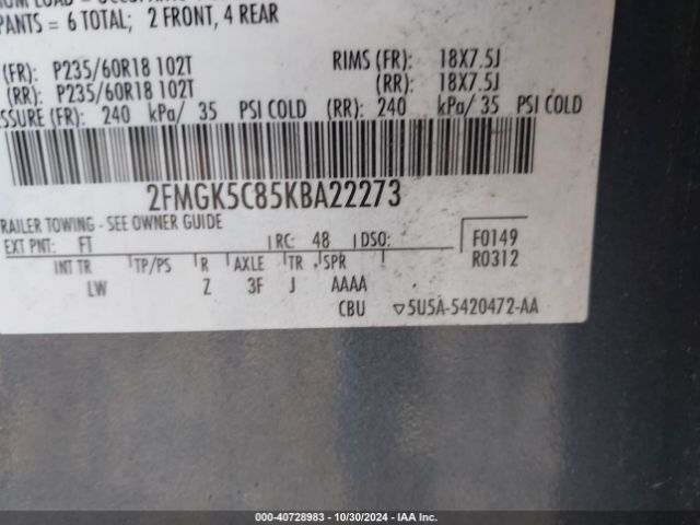 2FMGK5C85KBA22273 Ford FLEX SEL