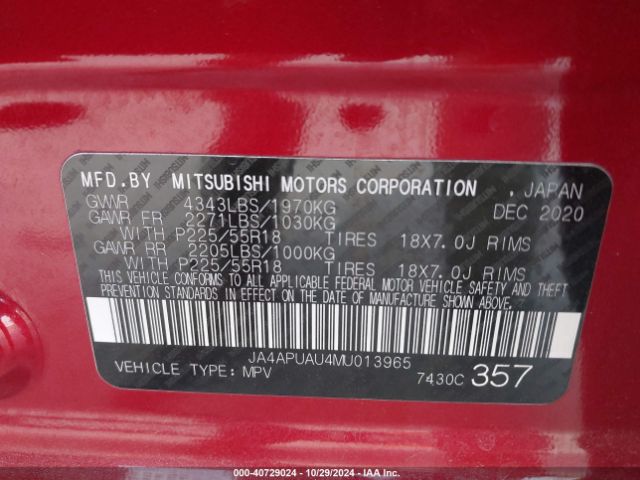 JA4APUAU4MU013965 Mitsubishi Outlander Sport 2.0 Be 2wd/2.0 Es 2wd/2.0 Le 2wd/2.0 S 2wd