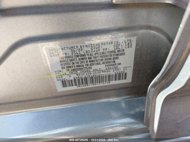 3N1AB8CV8NY275748 Nissan Sentra Sv Xtronic Cvt