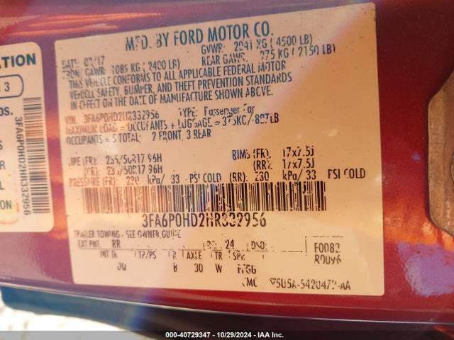 Ford FUSION SE 2017 3FA6P0HD2HR332956 Image 9