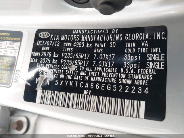 KIA SORENTO LX 2014 5XYKTCA66EG522234 Image 9