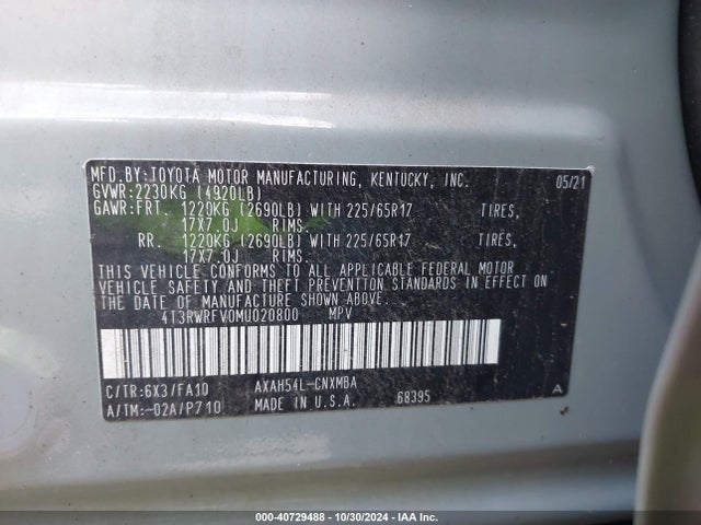4T3RWRFV0MU020800 Toyota Rav4 Hybrid Xle