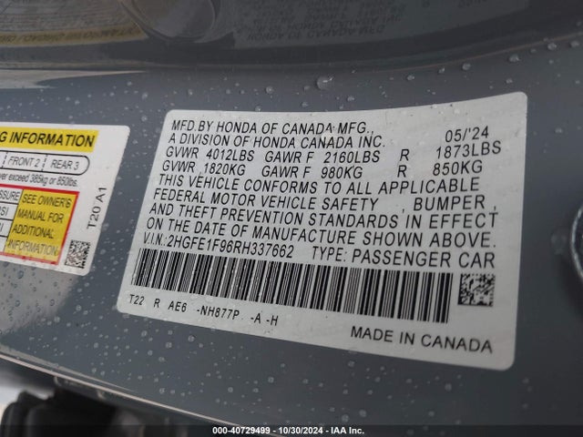 Honda Civic Touring 2024 2HGFE1F96RH337662 Image 9
