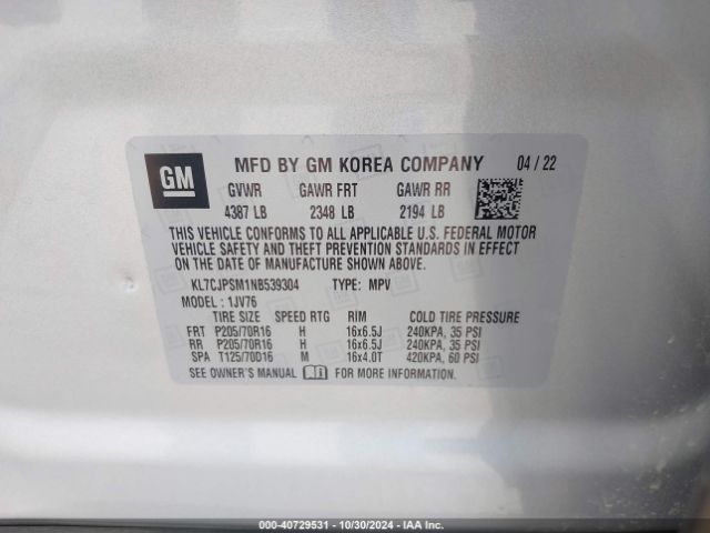 KL7CJPSM1NB539304 Chevrolet Trax Awd Lt