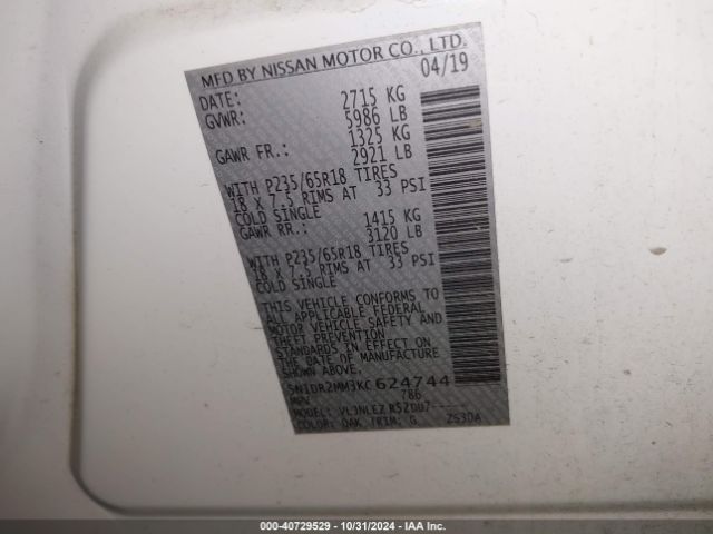 5N1DR2MM3KC624744 Nissan Pathfinder Sv