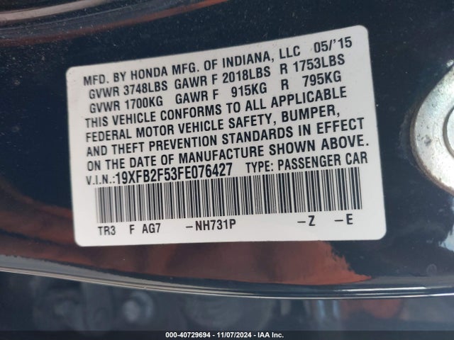 Honda Civic Lx 2015 19XFB2F53FE076427 Image 9
