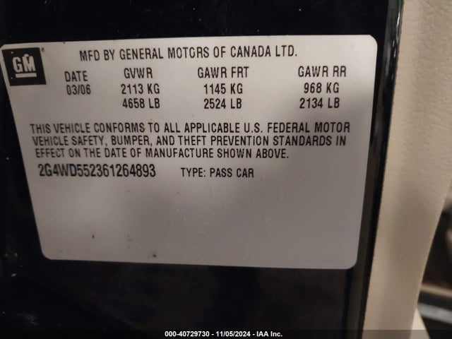 Auction sale of the 2006 Buick Lacrosse Cxl, vin: 2G4WD552361264893, lot number: 40729730