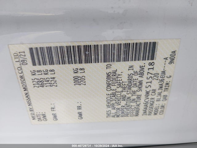 Nissan Maxima Sv Xtronic Cvt 2021 1N4AA6CV4MC515718 Image 9