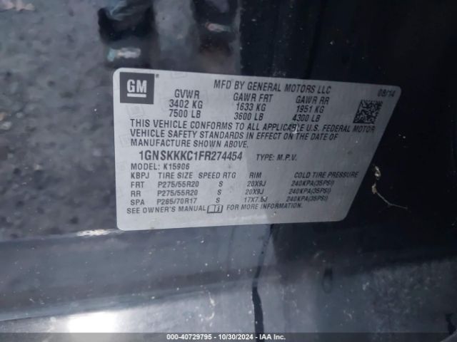 1GNSKKKC1FR274454 Chevrolet Suburban 1500 Ltz