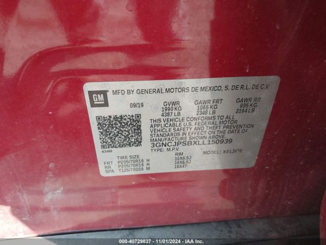3GNCJPSBXLL150939 Chevrolet Trax Awd Lt