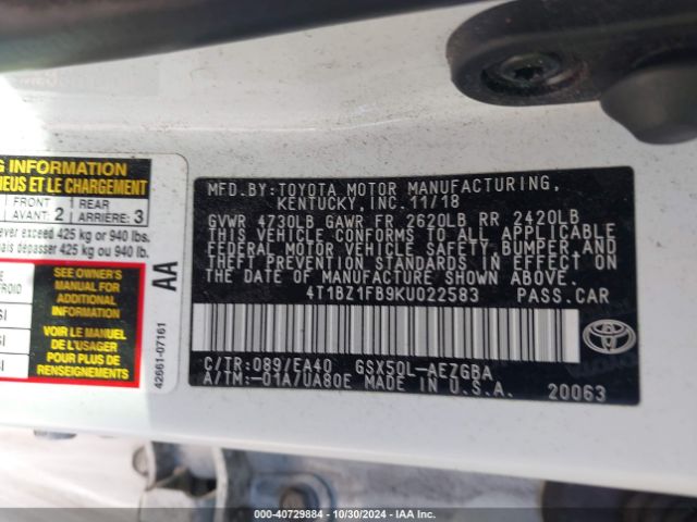 4T1BZ1FB9KU022583 Toyota AVALON XLE