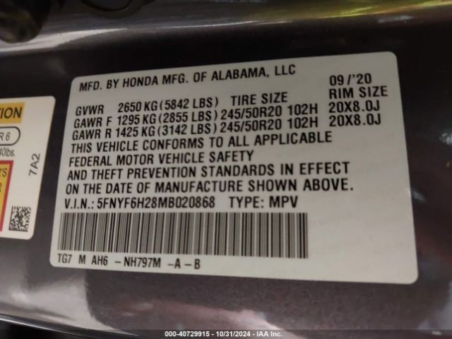 5FNYF6H28MB020868 Honda Pilot Awd Special Edition