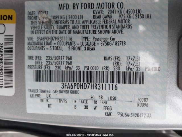 3FA6P0HD7HR311116 Ford FUSION SE