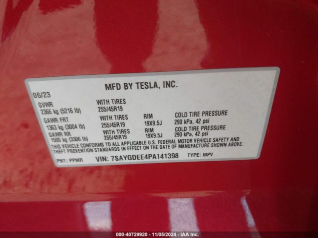 7SAYGDEE4PA141398 Tesla Model Y Awd/long Range Dual Motor All-wheel Drive
