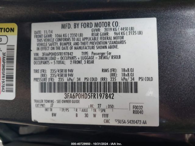 3FA6P0HD5FR197842 Ford FUSION SE