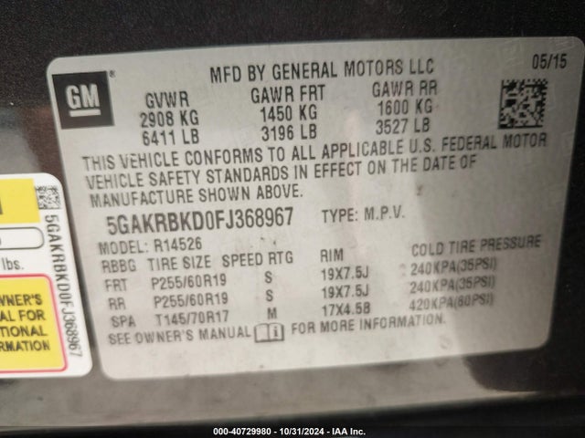 Buick Enclave Leather 2015 5GAKRBKD0FJ368967 Image 9