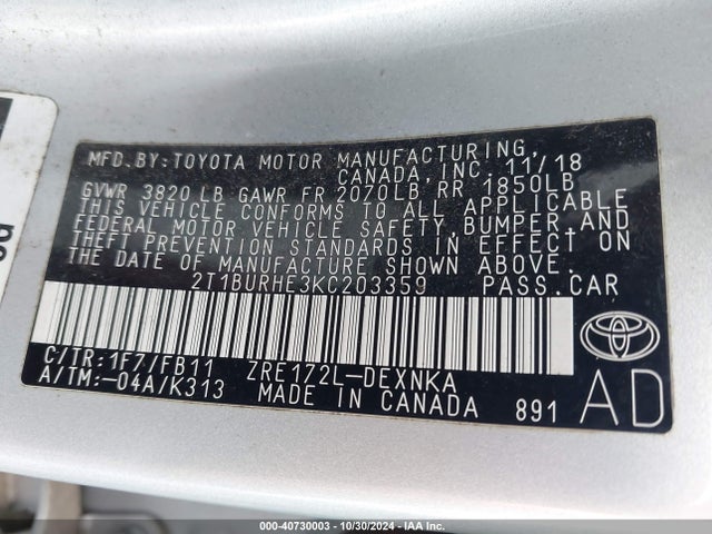Toyota COROLLA LE 2019 2T1BURHE3KC203359 Image 9