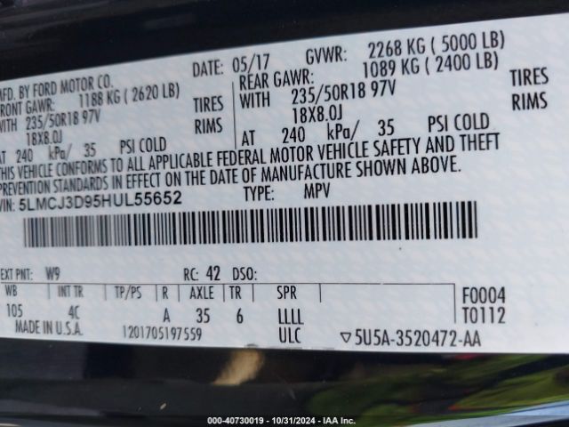 5LMCJ3D95HUL55652 Lincoln Mkc Reserve