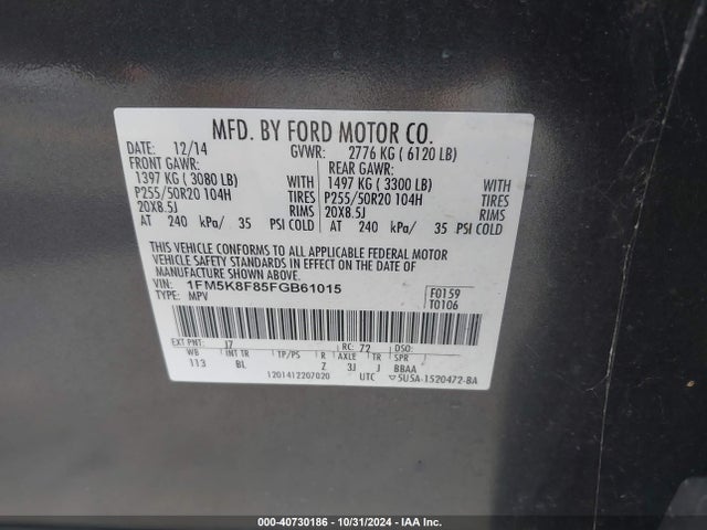 Ford Explorer Limited 2015 1FM5K8F85FGB61015 Image 9