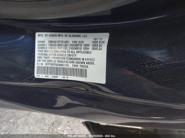 Honda Ridgeline Rtl 2018 5FPYK2F5XJB001145 Image 9
