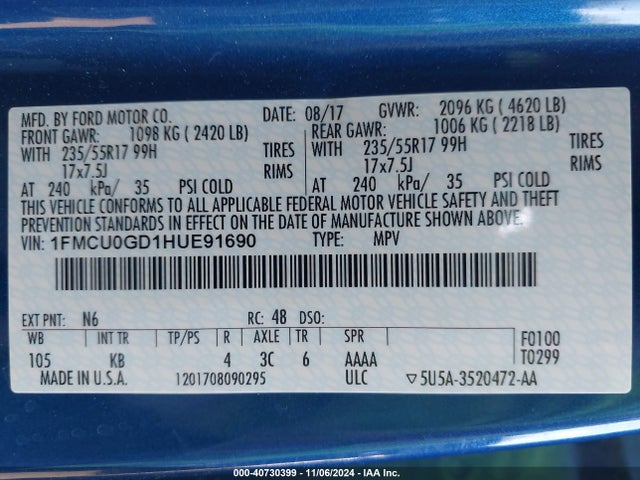 Ford ESCAPE SE 2017 1FMCU0GD1HUE91690 Image 9