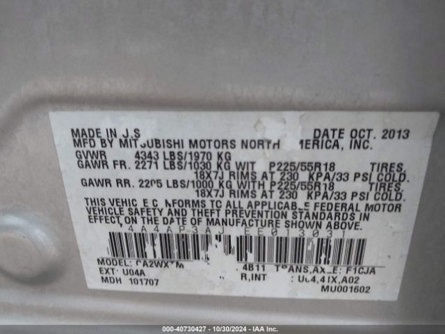 4A4AP3AU0EE013031 Mitsubishi Outlander Sport Es