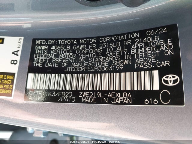 Toyota Corolla Hybrid Le 2024 JTDBCMFE2R3063199 Image 9