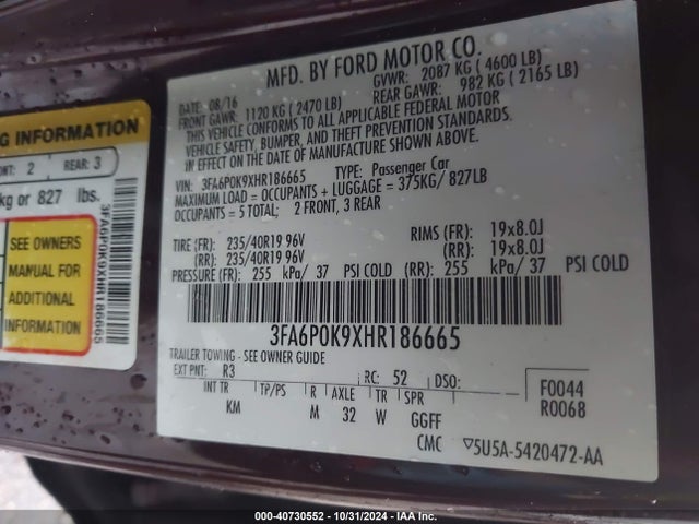 Ford Fusion Titanium 2017 3FA6P0K9XHR186665 Image 9