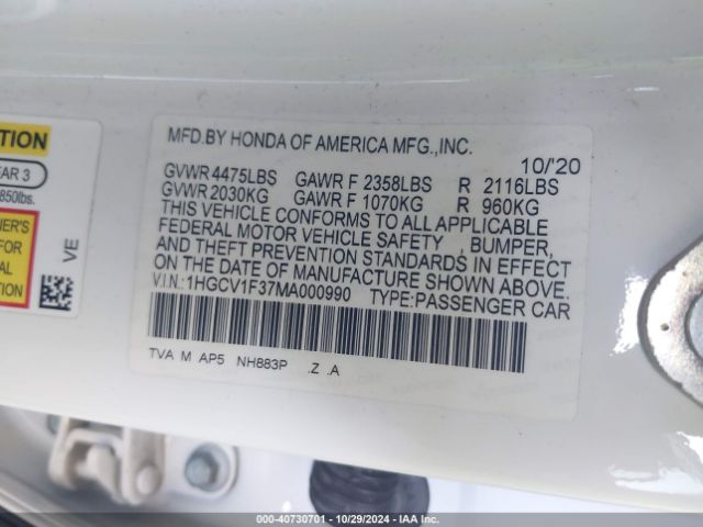 1HGCV1F37MA000990 Honda Accord Sport