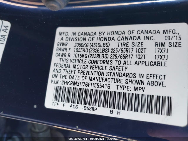 Honda Cr-v Ex-l 2015 2HKRM3H76FH555416 Image 9