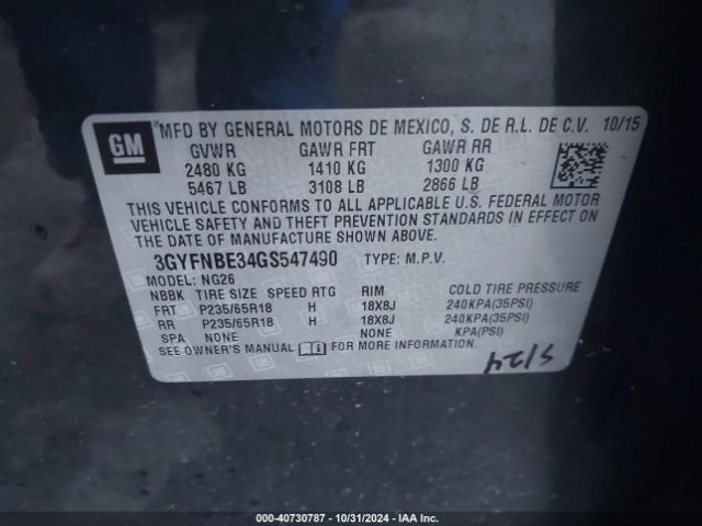 3GYFNBE34GS547490 Cadillac Srx Luxury Collection