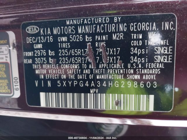 5XYPG4A34HG298603 KIA Sorento 2.4l Lx