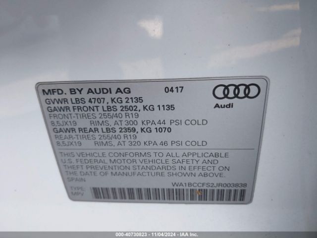 WA1BCCFS2JR003838 Audi Q3 2.0t Premium/2.0t Sport Premium