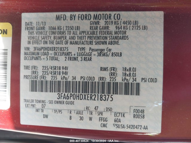Ford FUSION SE 2014 3FA6P0HDXER218375 Image 9