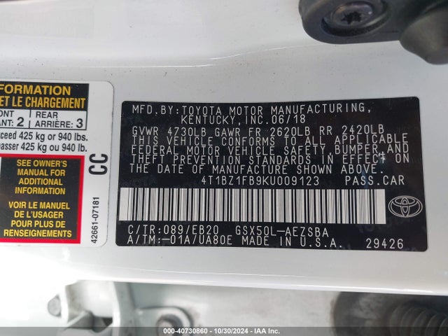 4T1BZ1FB9KU009123 Toyota Avalon Touring
