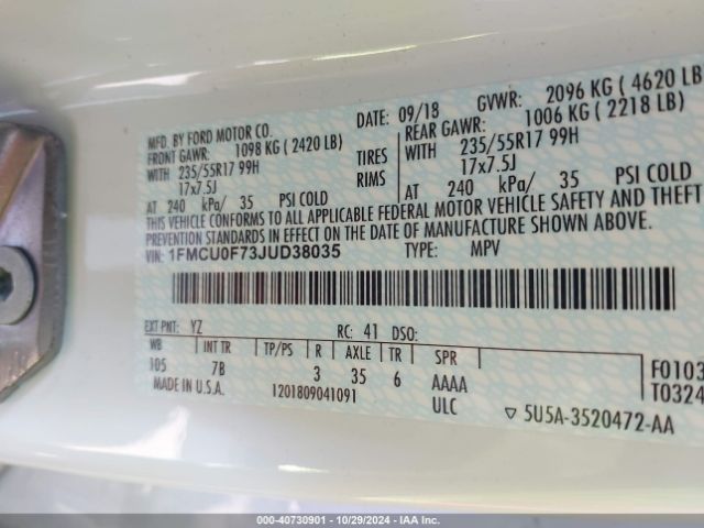 1FMCU0F73JUD38035 Ford ESCAPE S