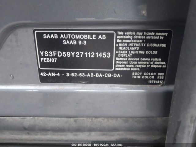 2007 SAAB 9-3 YS3FD59Y271121453 Photo 8
