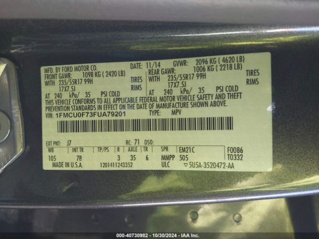 1FMCU0F73FUA79201 Ford ESCAPE S
