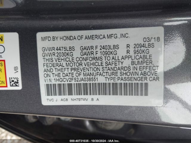 1HGCV2F52JA038551 Honda Accord Ex-l 2.0t