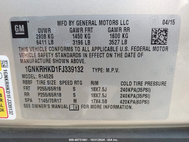 Chevrolet Traverse 2lt 2015 1GNKRHKD1FJ339132 Image 9