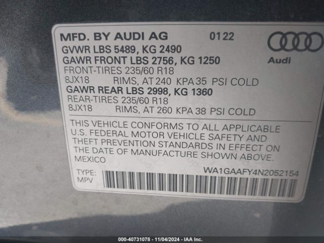 WA1GAAFY4N2052154 Audi Q5 S Line Premium