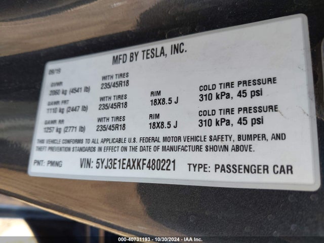 2019 TESLA MODEL 3 5YJ3E1EAXKF480221 Photo 8